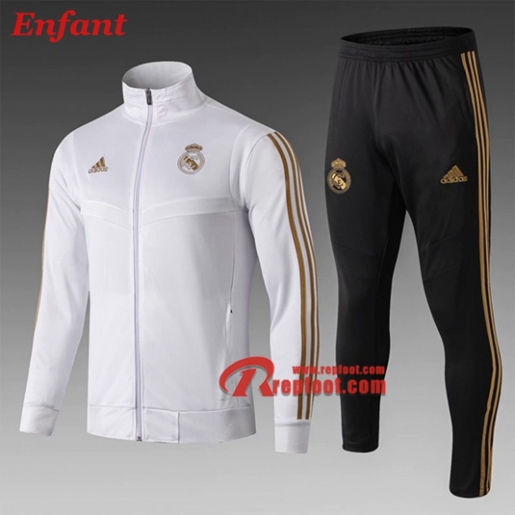 Ensemble Veste Survetement De Real Madrid Enfant Blanc Col Montant 2019/2020 Nouveau