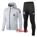 Ensemble Du Sweat A Capuche Survetement Real Madrid Gris Clair 2019/2020 Nouveau