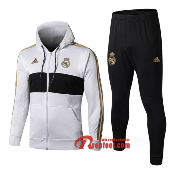 Ensemble Veste A Capuche Survetement Real Madrid Blanc 2019-2020 Nouveau