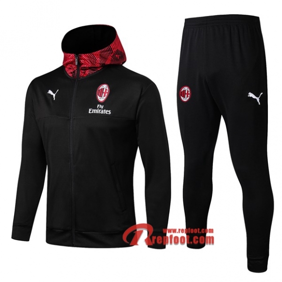 Ensemble Veste A Capuche Survetement Milan AC Noir 2019-2020 Nouveau