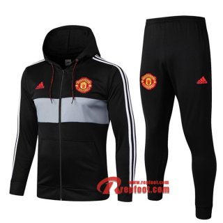 Ensemble Du Veste A Capuche Survetement Manchester United Noir/Gris 2019/2020 Nouveau