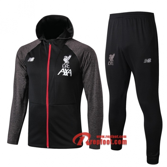 Ensemble Veste A Capuche Survetement FC Liverpool Noir/Gris 2019-2020 Nouveau