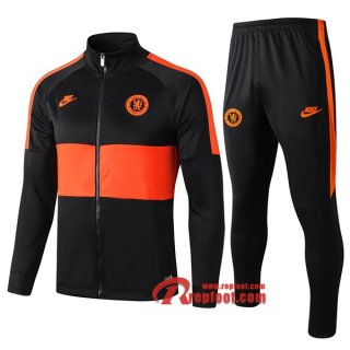 Ensemble Veste Survetement Chelsea FC Noir/Orange 2019-2020 Nouveau