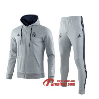 Ensemble Veste A Capuche Survetement Real Madrid Gris 2019-2020 Nouveau