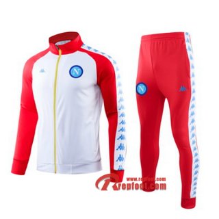 Ensemble Du Veste Survetement SSC Naples Blanc/Rouge Col Haut 2019/2020 Nouveau