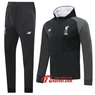 Ensemble Veste A Capuche Survetement FC Liverpool Noir 2019-2020 Nouveau