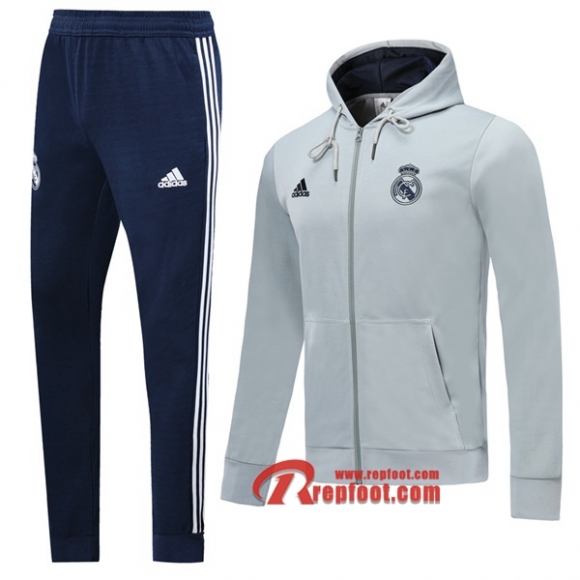 Ensemble Du Veste A Capuche Survetement Real Madrid Gris 2019/2020 Nouveau