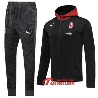 Ensemble Veste A Capuche Survetement Milan AC Noir 2019-2020 Nouveau