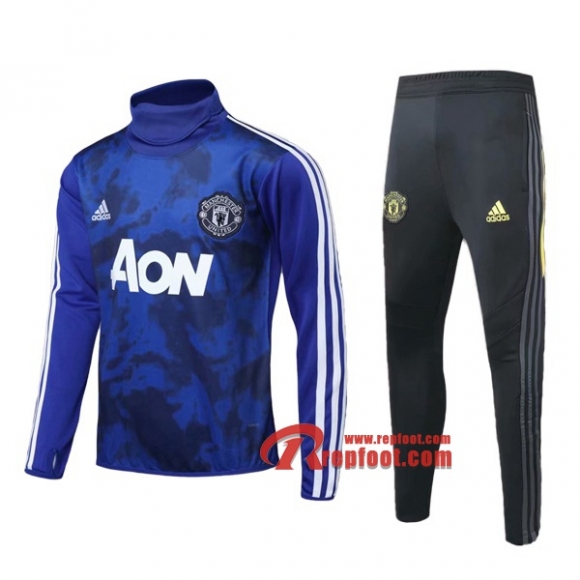 Ensemble Survetement Manchester United Col Haut Bleu 2019 2020 Nouveau