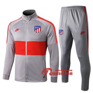 Ensemble Veste Survetement Atletico Madrid Rouge Gris Clair 2019 2020 Nouveau