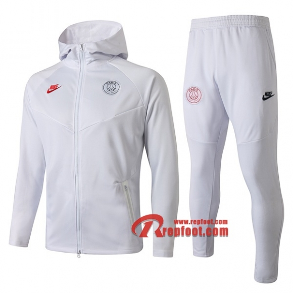 Ensemble Veste Survetement Paris St Germain PSG Capuche Blanc 2019 2020 Nouveau