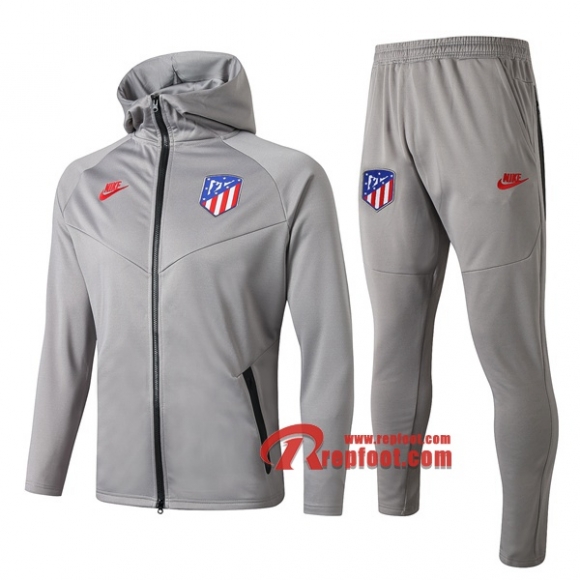 Ensemble Veste Survetement Atletico Madrid Capuche Gris Clair 2019 2020 Nouveau