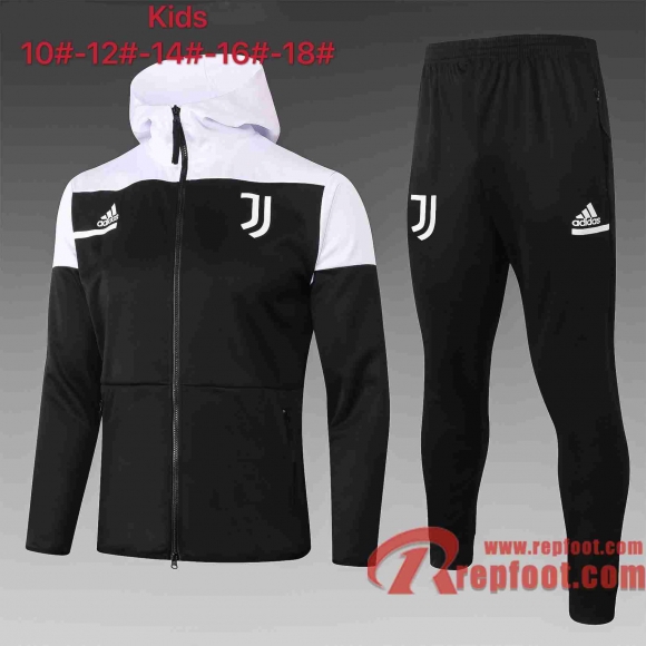 Juventus Survetement Foot Enfant - Veste Sweat a Capuche Noir et blanc 20 21 E489